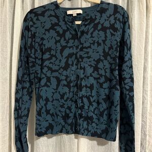 LOFT Teal Blue  and Black Floral Longsleeve Cardigan women's size M